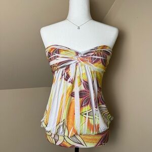 Tropical Floral Strapless Blouse‎ - White and Orange